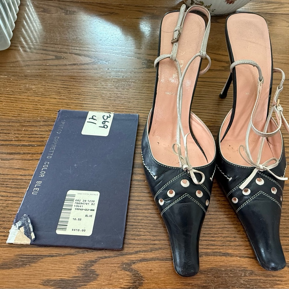 Vintage PRADA Capretto Blue Open Back Heels Shoes  Orig $410  Euro 40.5 US 9.5
